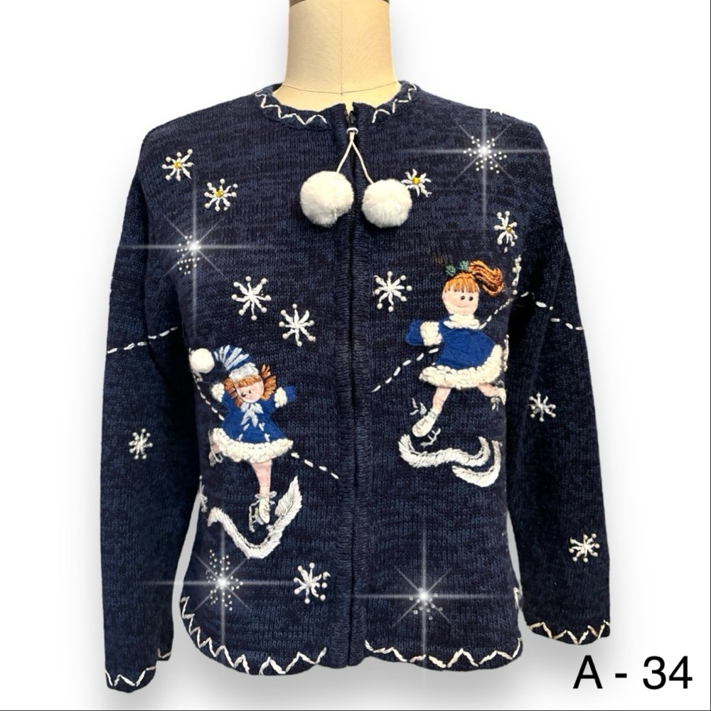 Vtg Tiara Girls Ugly Christmas Sweater Blue Skaters Rhinestones Beads Sz L 12/14